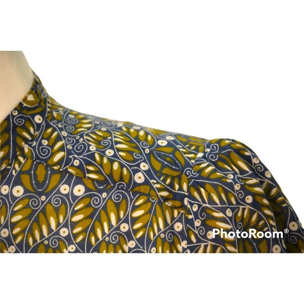 Banana Republic Boho Leaf Batik Blouse Sz Small Mandarin Collar Puff Sleaves Cot - Picture 5 of 11